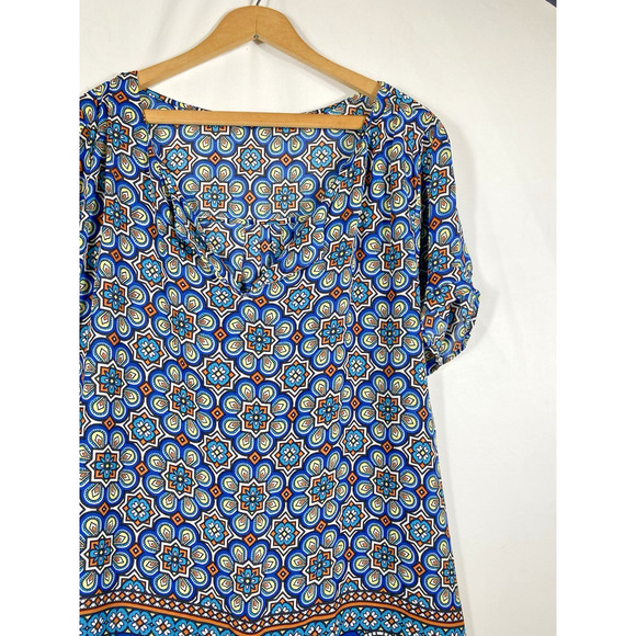 Daniel Rainn Sz 2X Tunic Blouse Top Blue Geometric V Neck Peasant Boho Festival - Picture 7 of 11